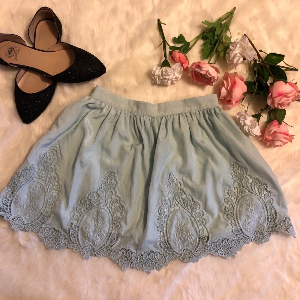 Tobi Light Blue Lace Side Zip Mini Skirt